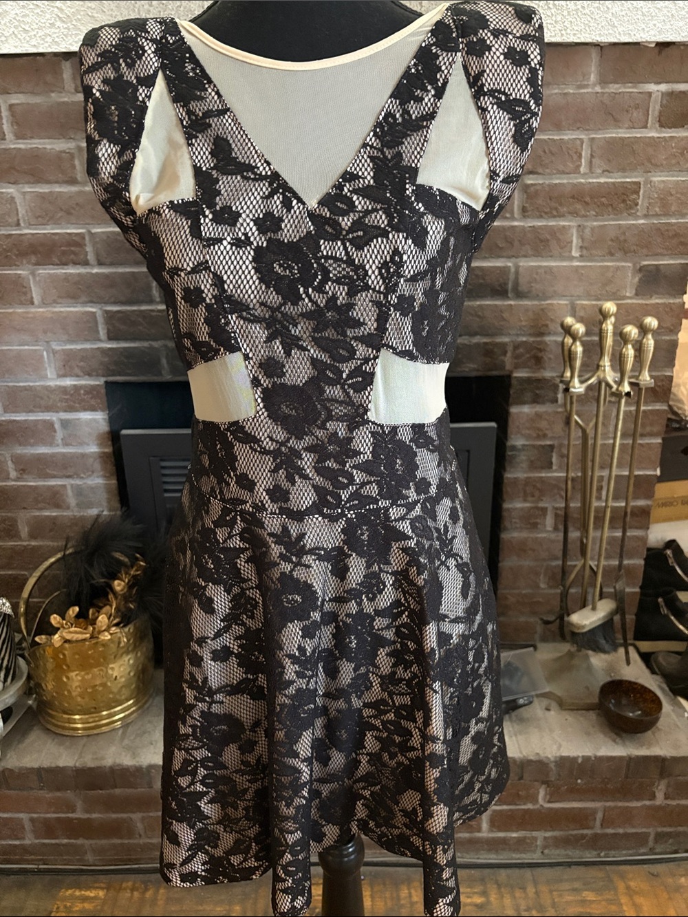 Topshop Black Lace Overlay Mini Dress with Cream Insets